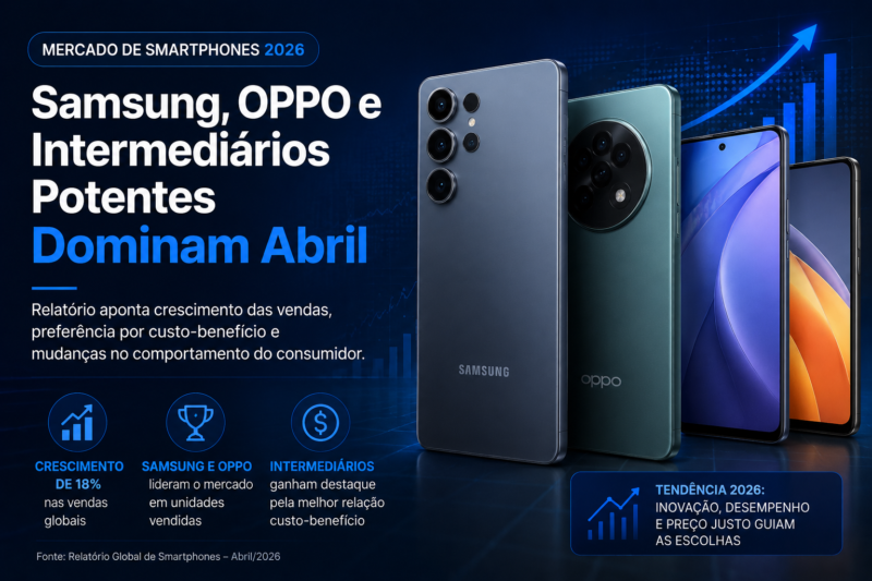 Mercado de Smartphones 2026: Samsung, OPPO e Intermediários Potentes Dominam Abril